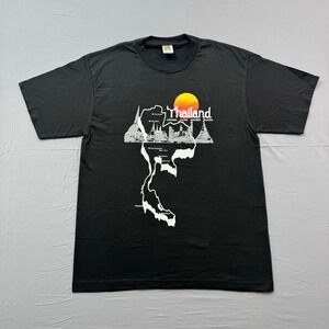 Thailand Souvenir Graphic T-Shirt Black Golden Faces Golden Places Map Mens L